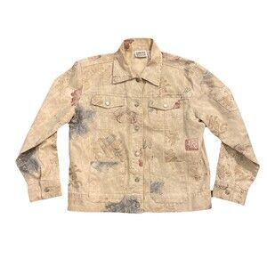 Chico’s Women’s Denim Jacket Size 1 Beige Painted Khaki Jeans Jacket